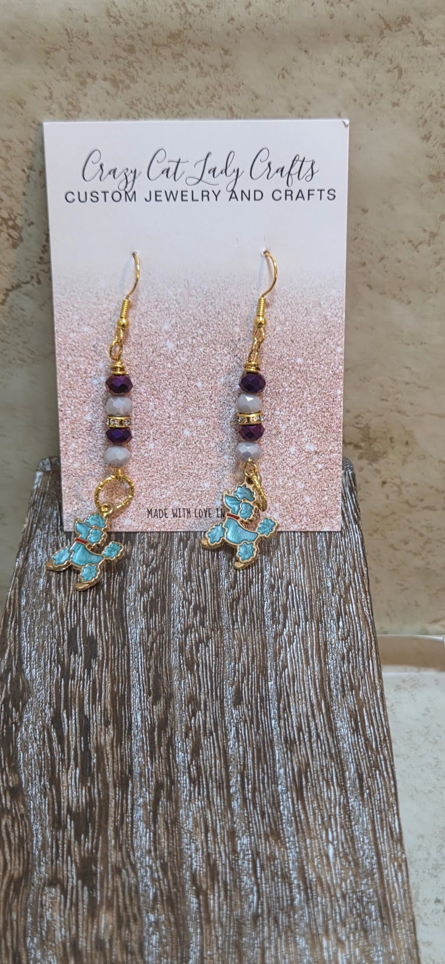 Blue poodle earrings with purple and white beads - Crazy Cat Lady Crafts