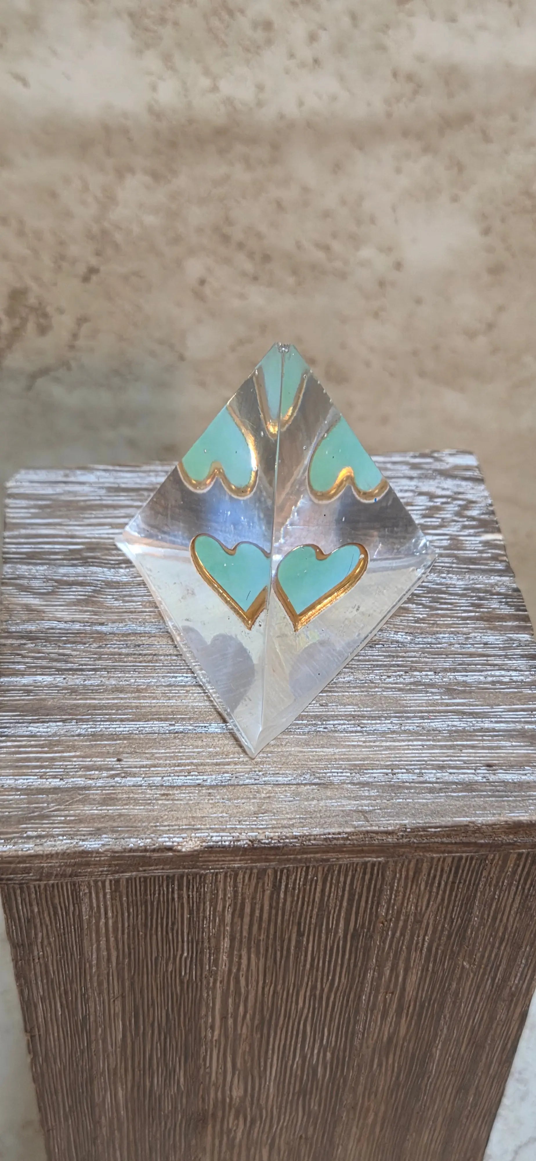 Clear 2 inch  pyramid with green heart paperweight - Crazy Cat Lady Crafts