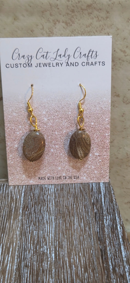 Brown Jasper gem stone in oval shaped earrings - Crazy Cat Lady Crafts