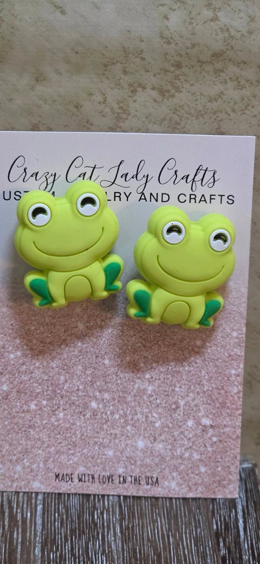Cute green silicone frogs post earrings - Crazy Cat Lady Crafts