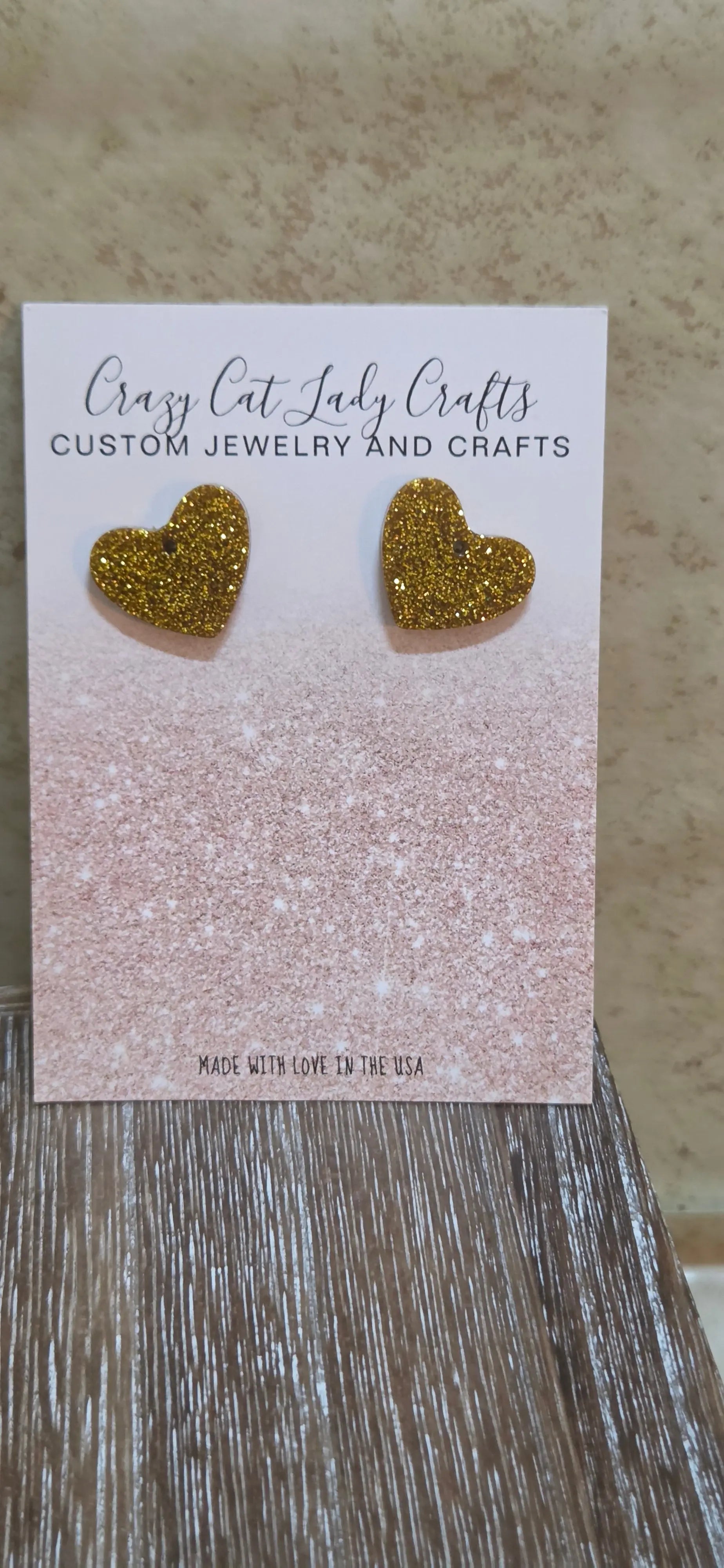Gold glitter heart post earrings - Crazy Cat Lady Crafts