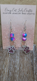 Blue and pink tye dye looking beads and dark pink paw print charm earrings - Crazy Cat Lady Crafts