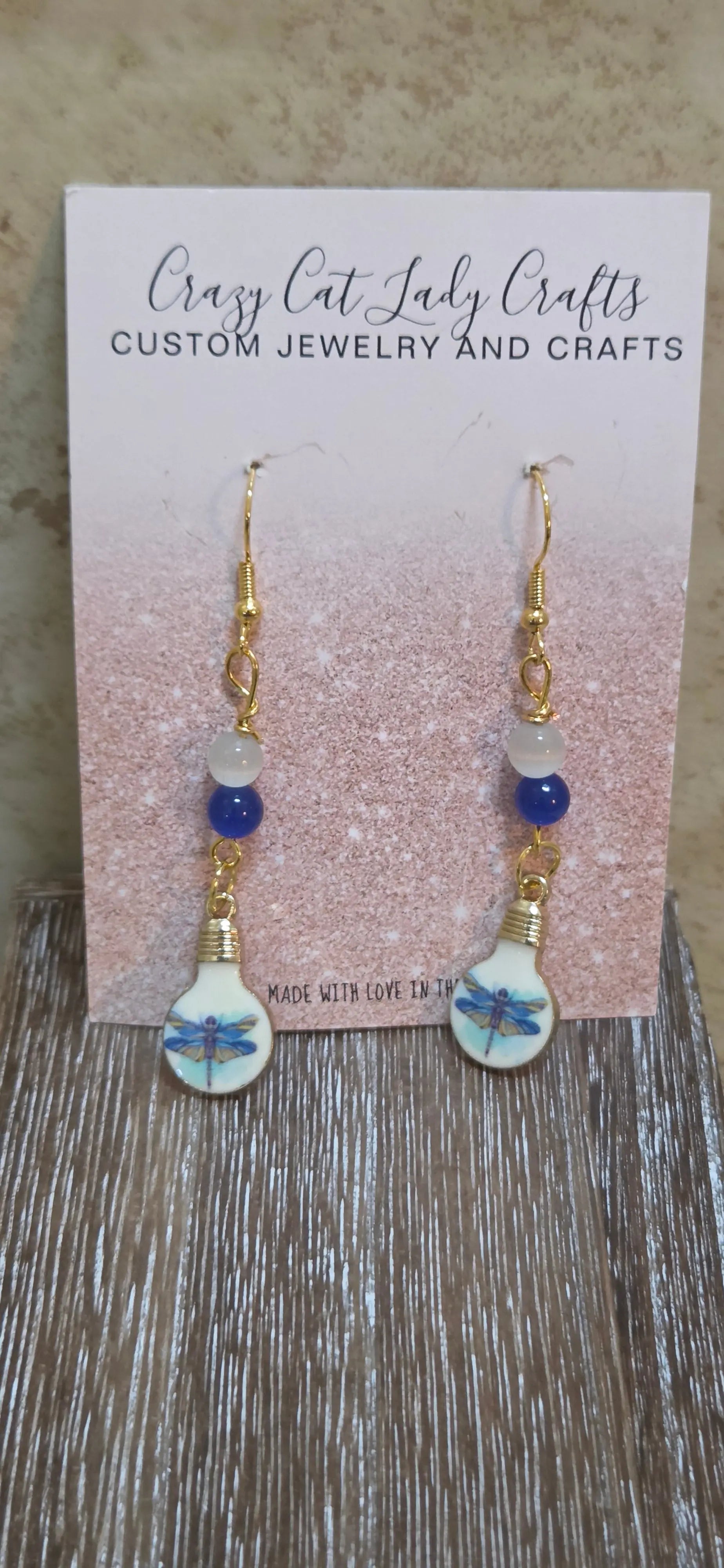 Light bulb shaped enamel earrings charms with painted dragonflies - Crazy Cat Lady Crafts