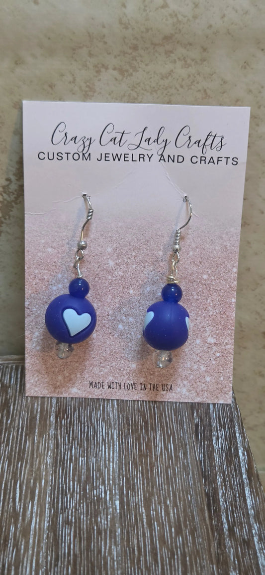 Blue silicone round beads with a white heart and beads earrings - Crazy Cat Lady Crafts