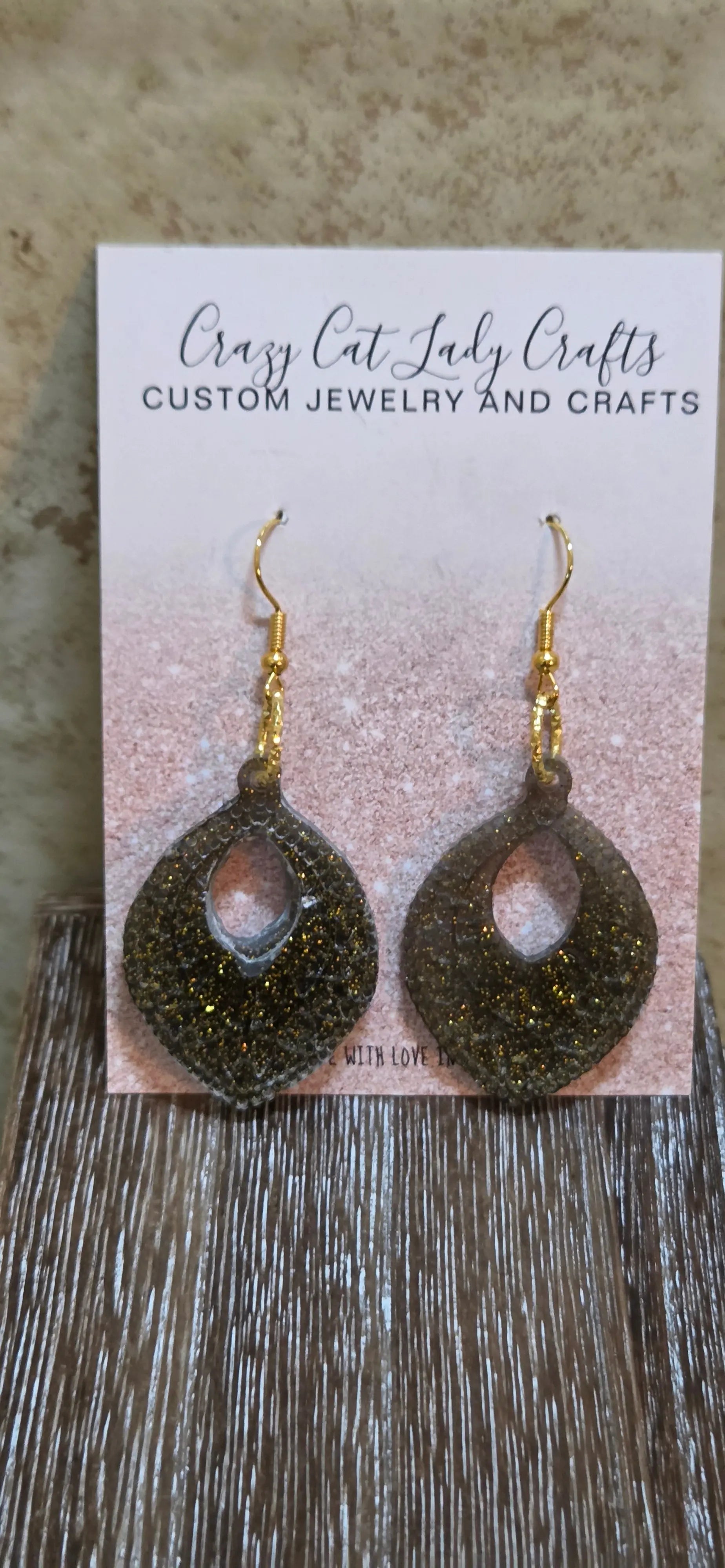 Black resin with gold glitter teardrop Ornate earrings - Crazy Cat Lady Crafts