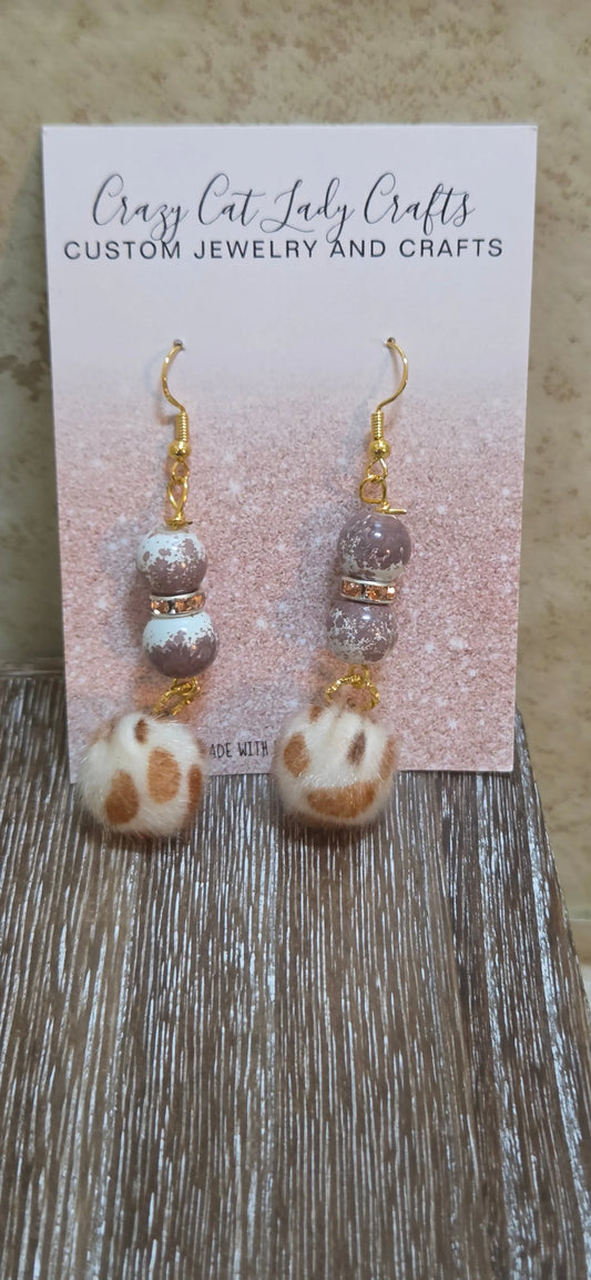 Tan and white fuzzy ball earrings - Crazy Cat Lady Crafts