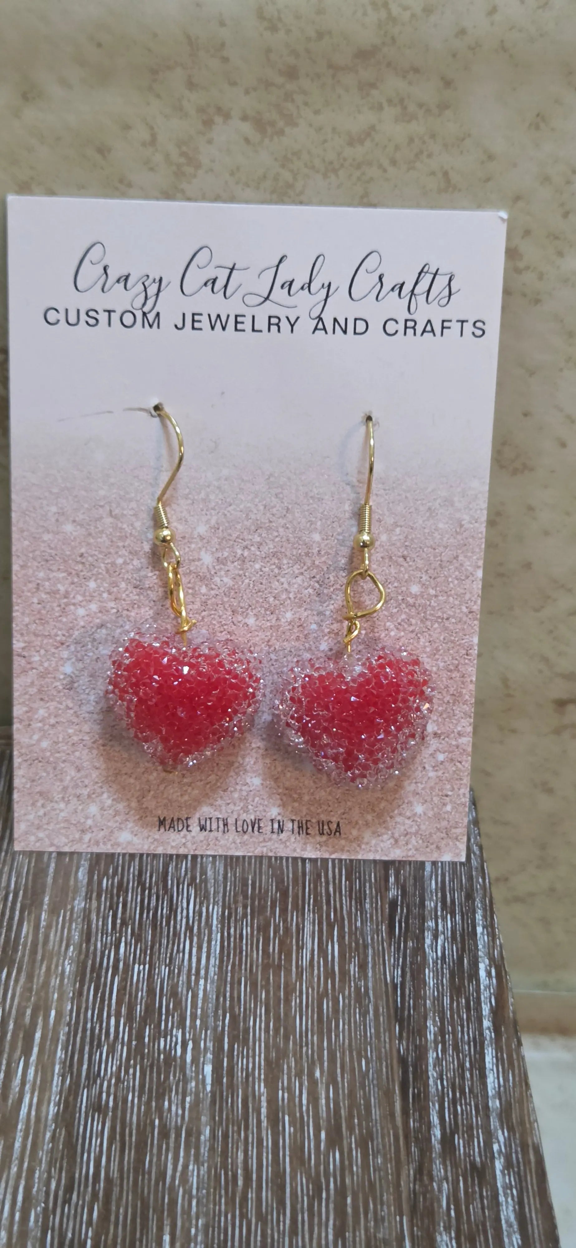 Red heart with a white coating that sparkles earrings - Crazy Cat Lady Crafts