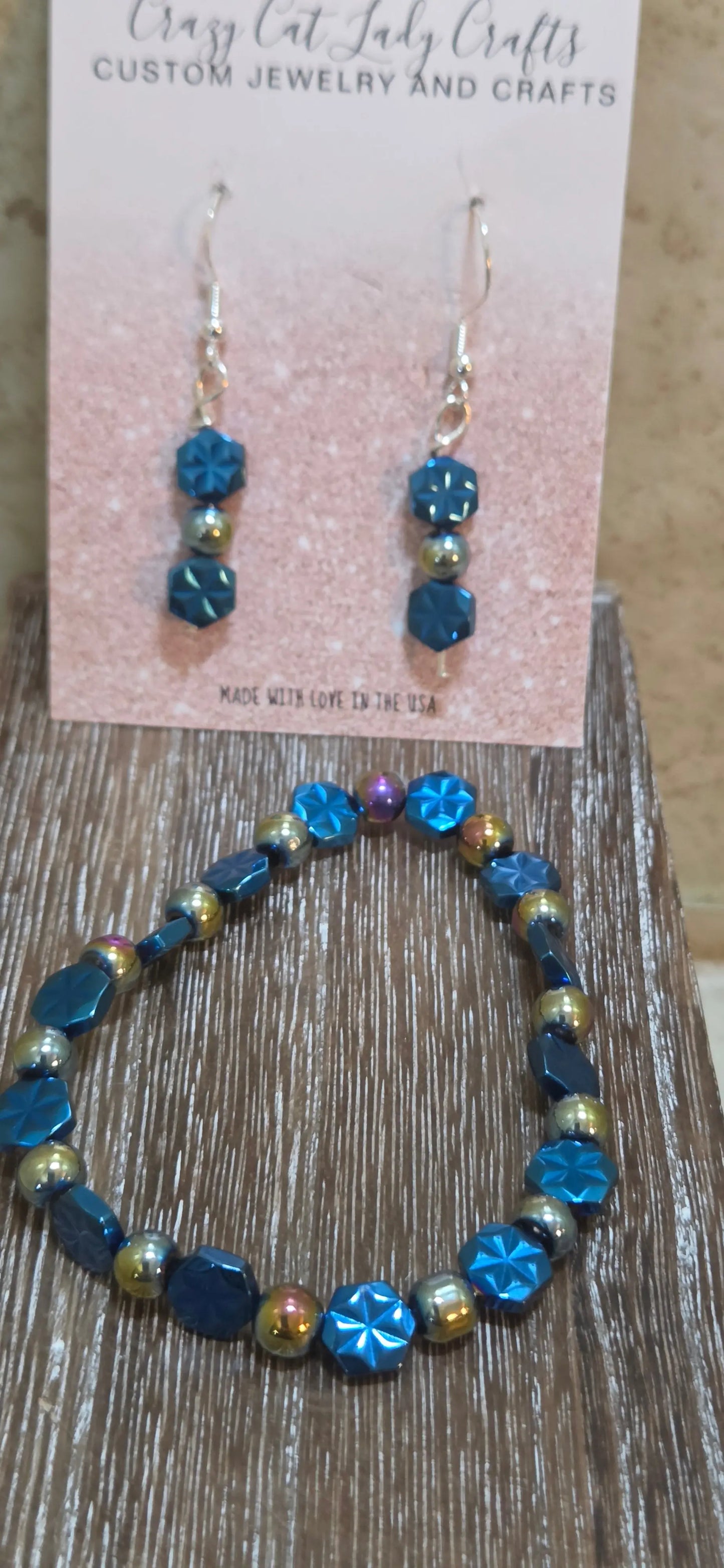 2 PC jewelry set in blue and gold bracelet and earrings - Crazy Cat Lady Crafts