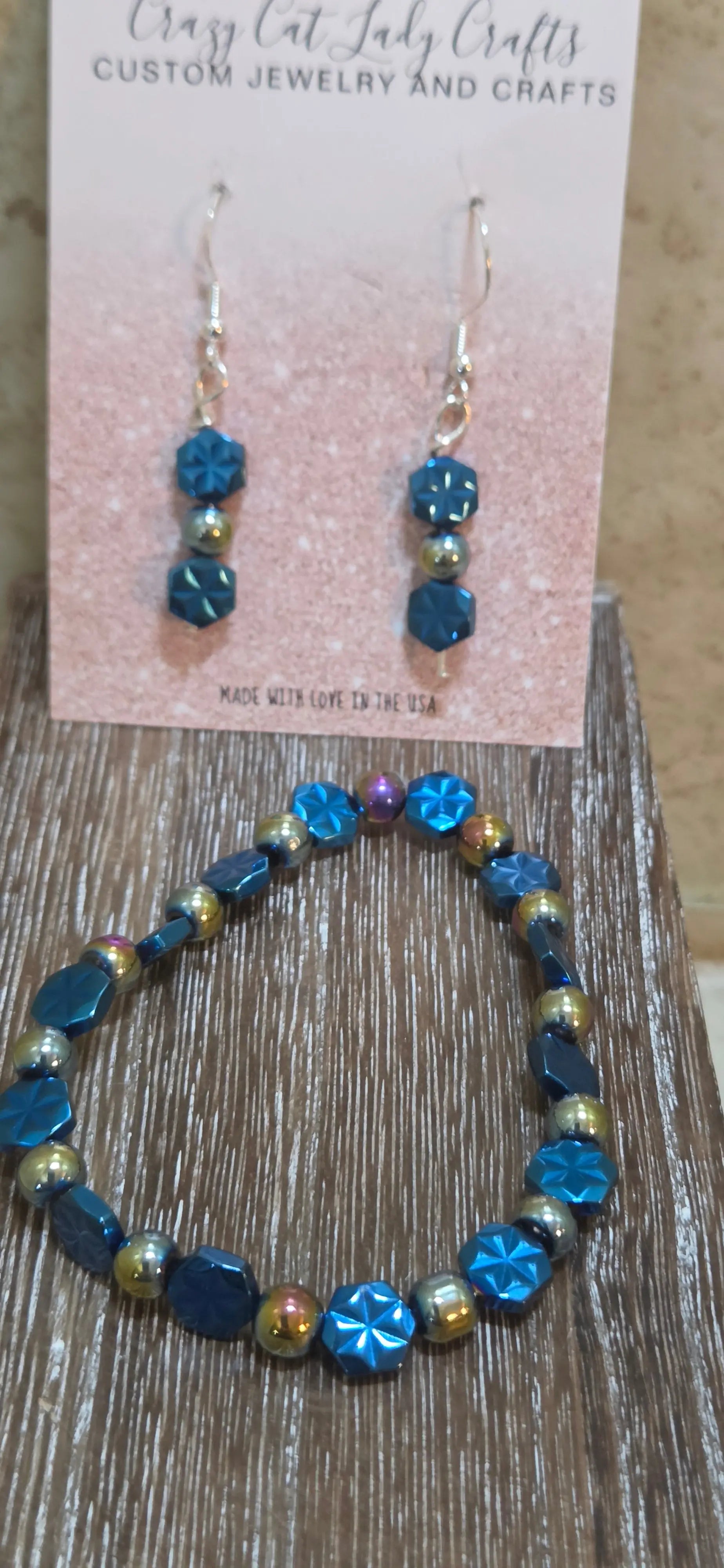2 PC jewelry set in blue and gold bracelet and earrings - Crazy Cat Lady Crafts