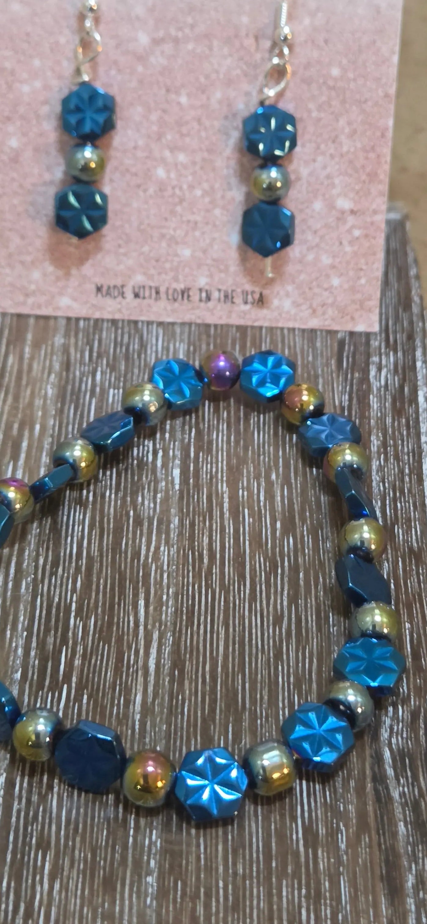 2 PC jewelry set in blue and gold bracelet and earrings - Crazy Cat Lady Crafts