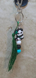 Cute panda and beads on a key chain or bag tag with green tassel - Crazy Cat Lady Crafts
