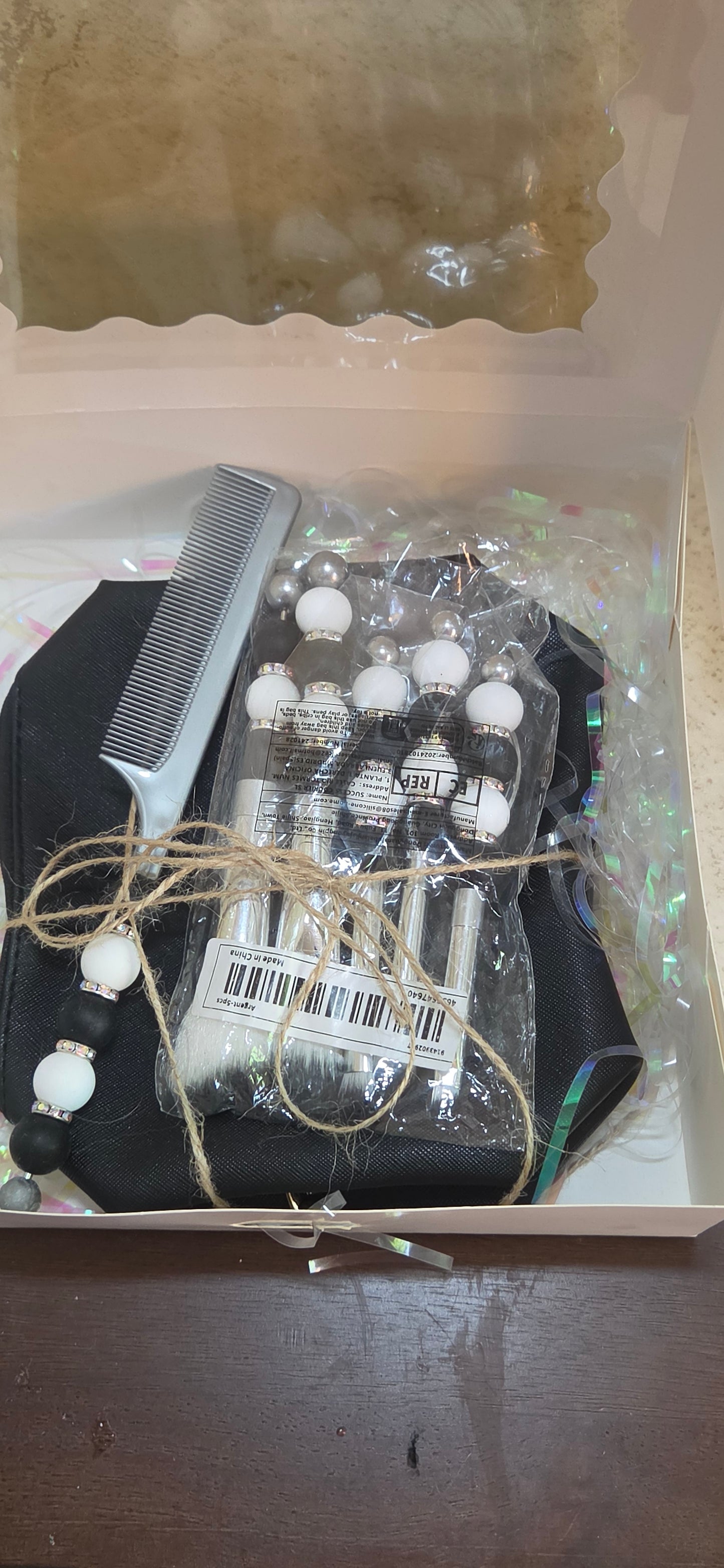 Black silver and white beaded makeup brush set