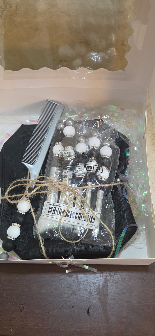 Black silver and white beaded makeup brush set