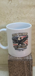 11 ounce white coffee mug with 250 year Semiquincentennial with eagle and We the people design