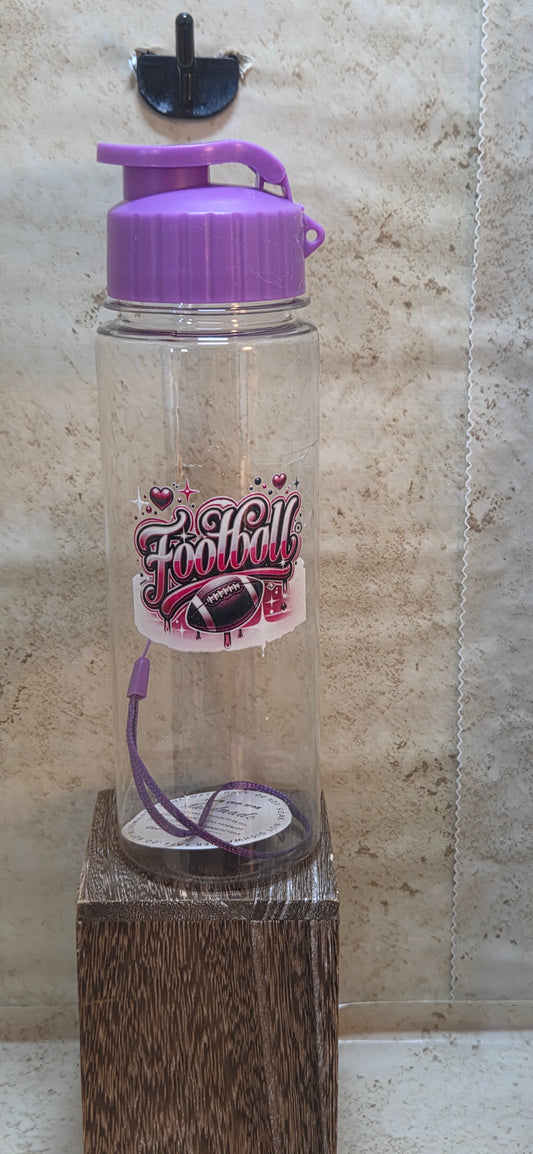 17 ounce clear water bottle with purple flip top lid and strap with purple football design
