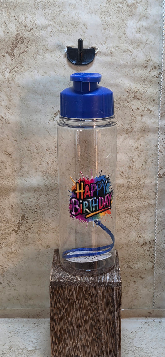 17 ounce clear water bottle with blue flip top and detachable strap that has Happy Birthday saying