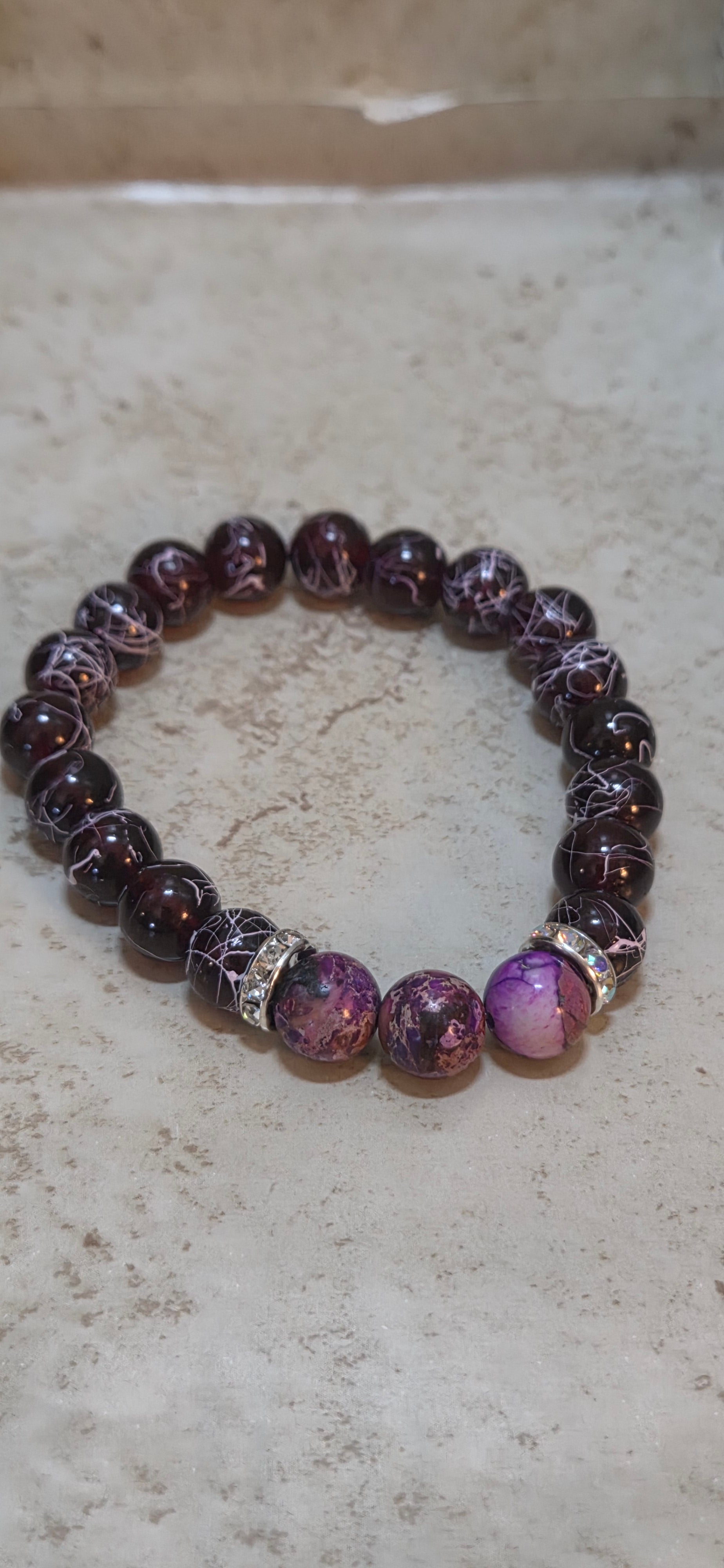 Large deep red with white swirls and purple jasper mens stretchy bracelet