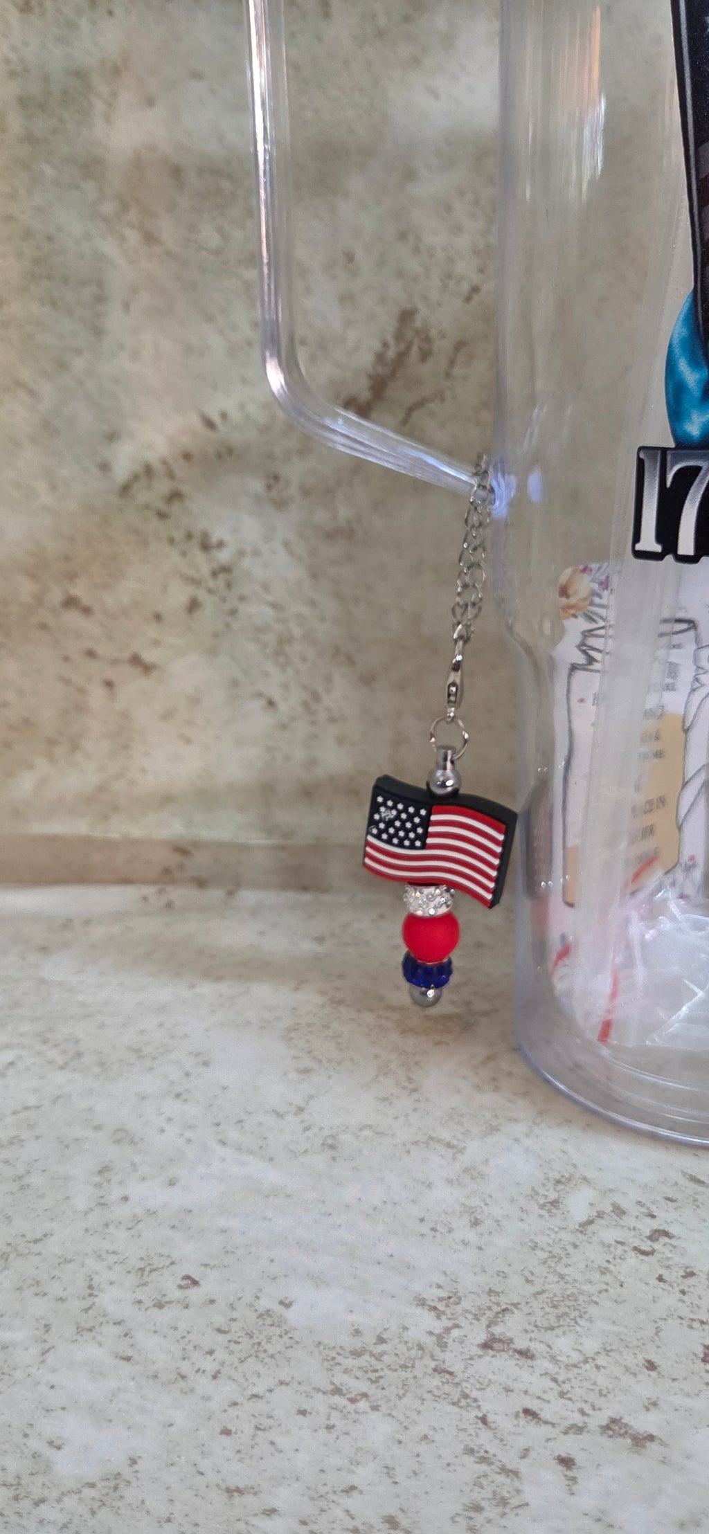 40oz clear tumbler with handle with straw and eagle and 250 birthday design and a flag and sparkly beads charm