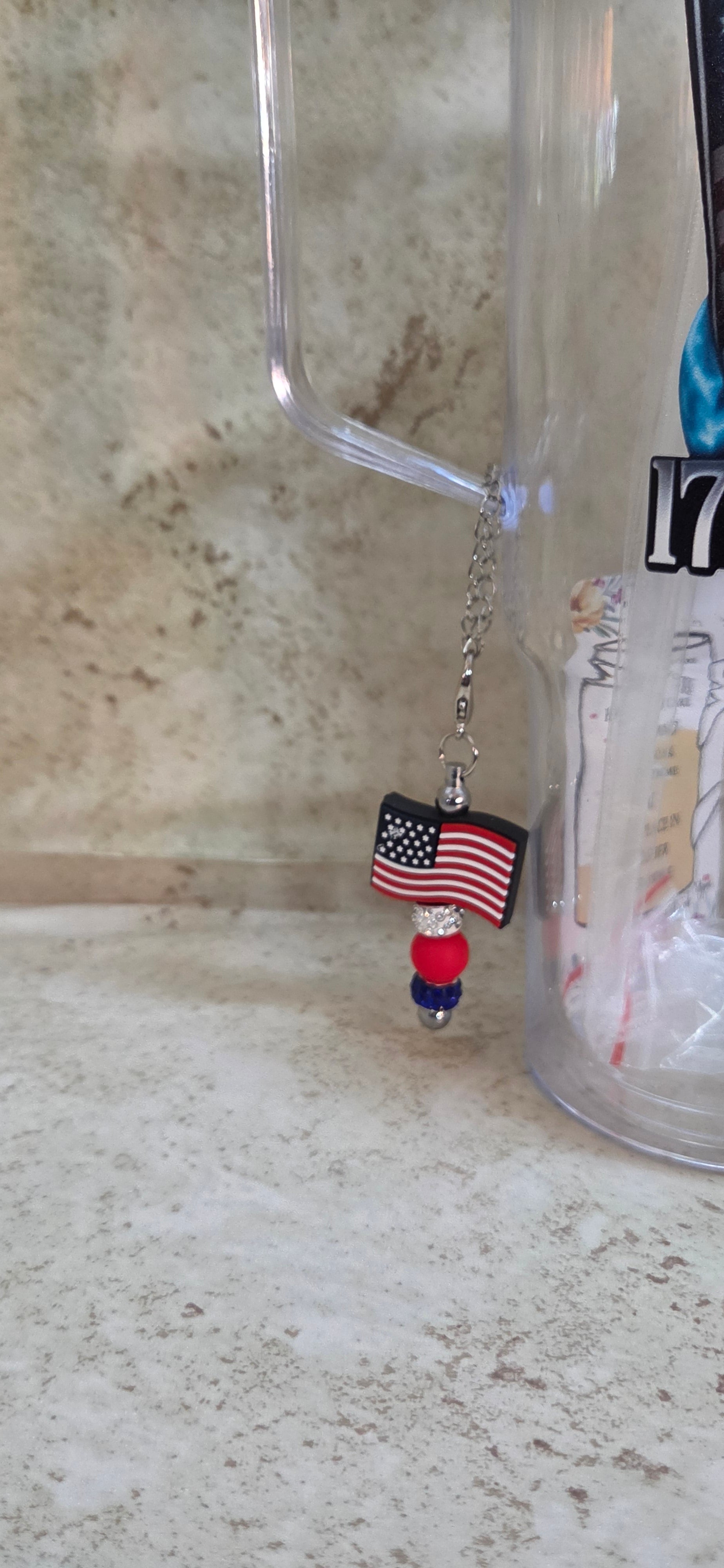 40oz clear tumbler with handle with straw and eagle and 250 birthday design and a flag and sparkly beads charm