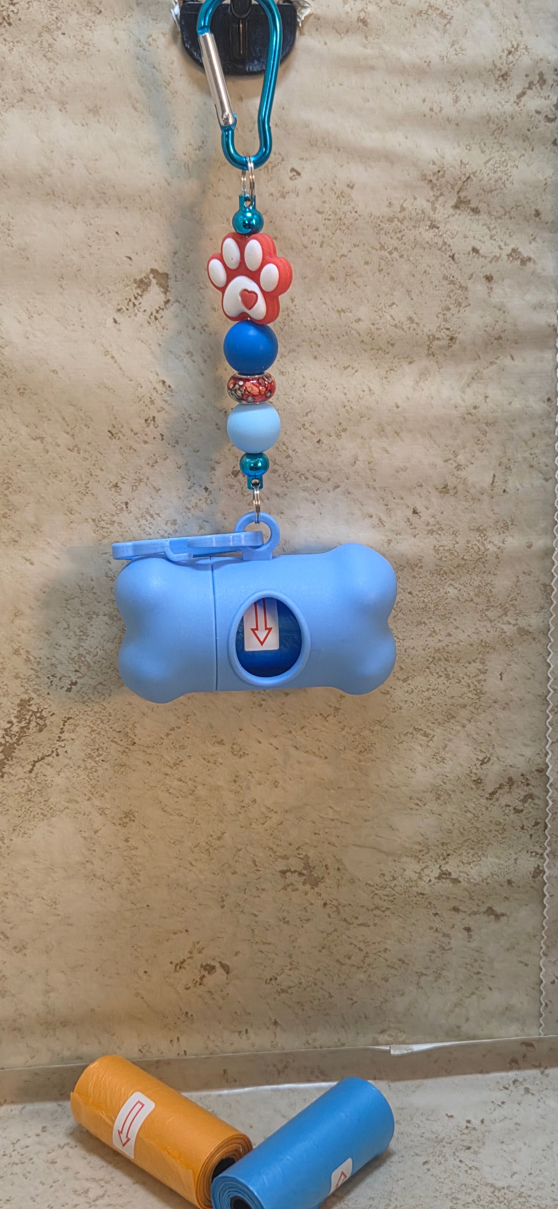Beaded dog poop bags holder with 2 extra bag refills