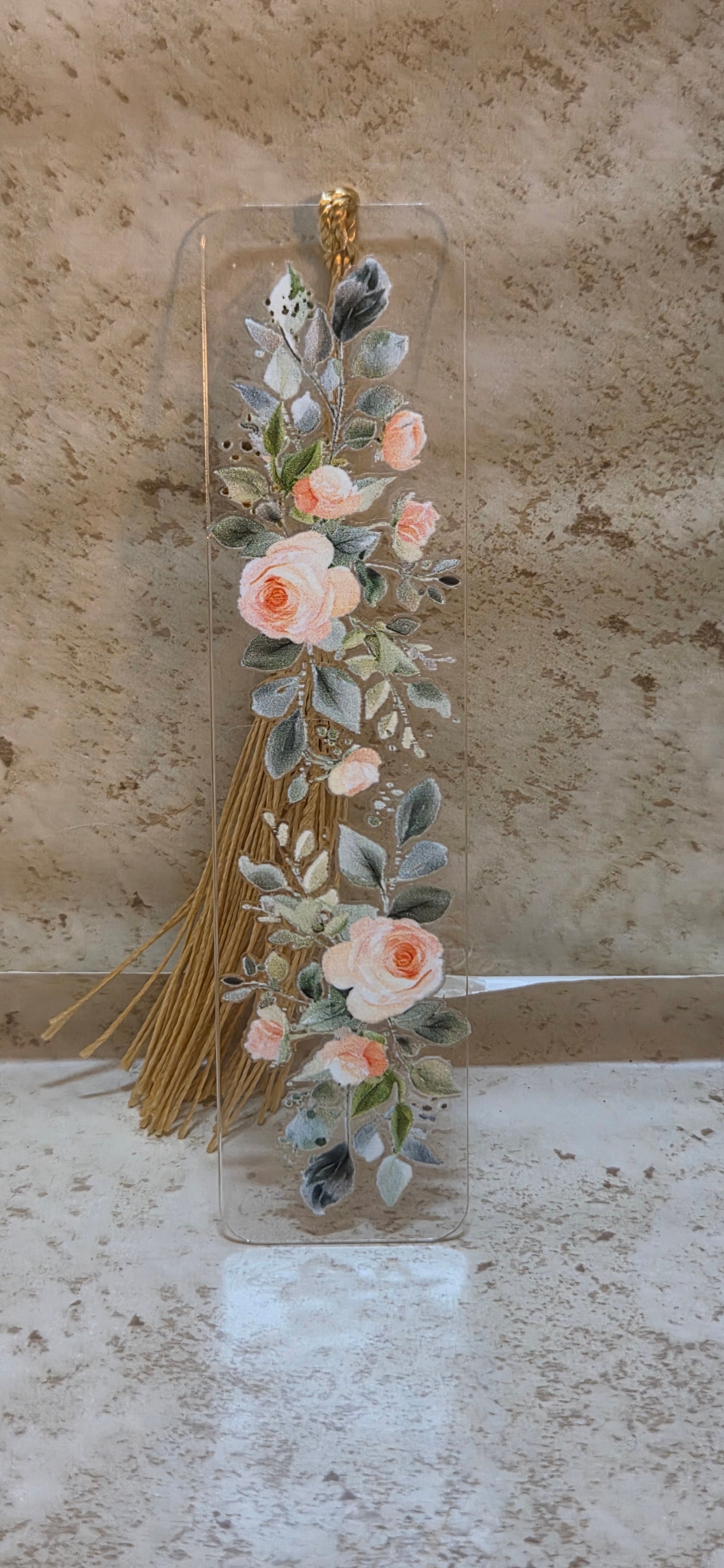 5 inch acrylic bookmark clear with pink roses and green leaves and tan tassel
