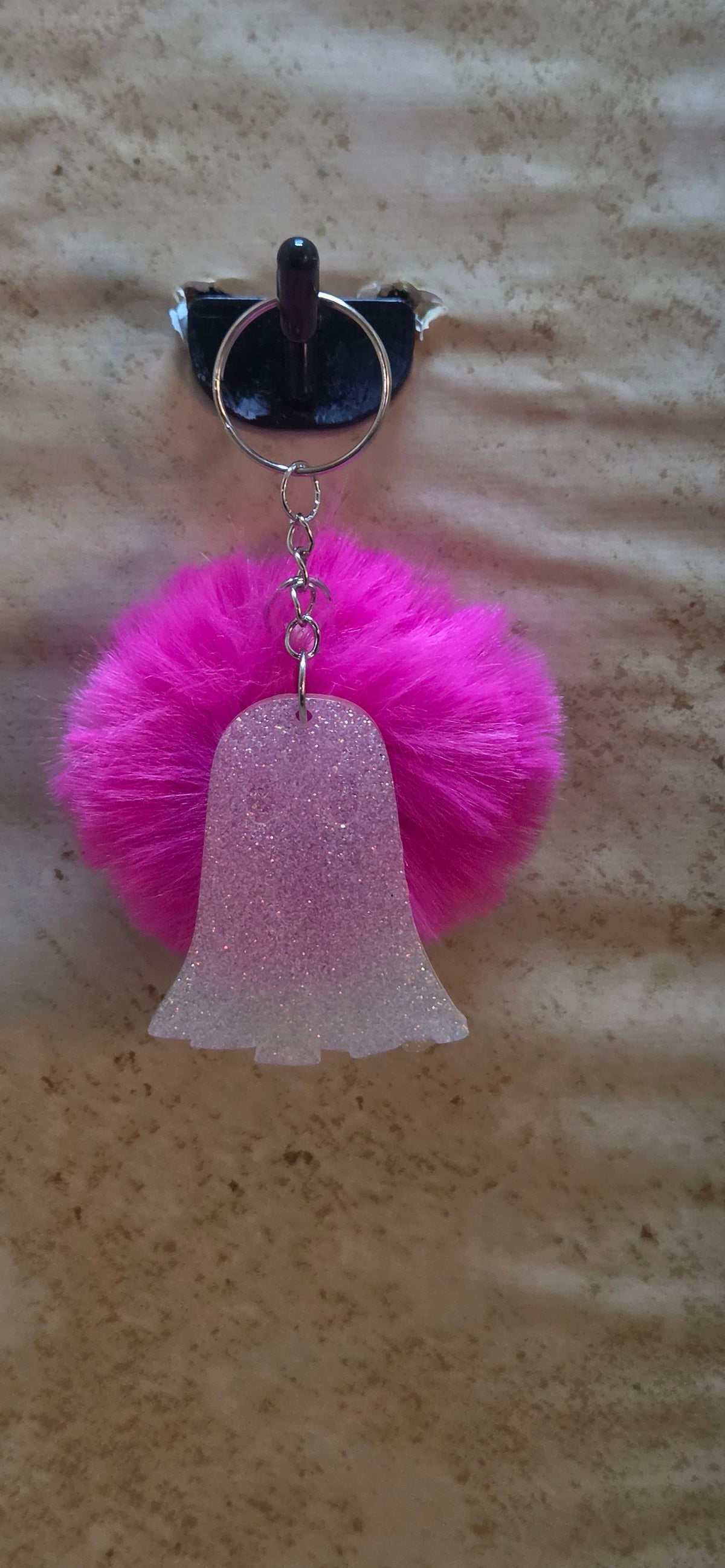2 inch white glitter resin ghost keychain with pink pompom