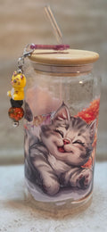 !6 oz glass tumbler with fall leaves and a cat playing with a cat straw charm