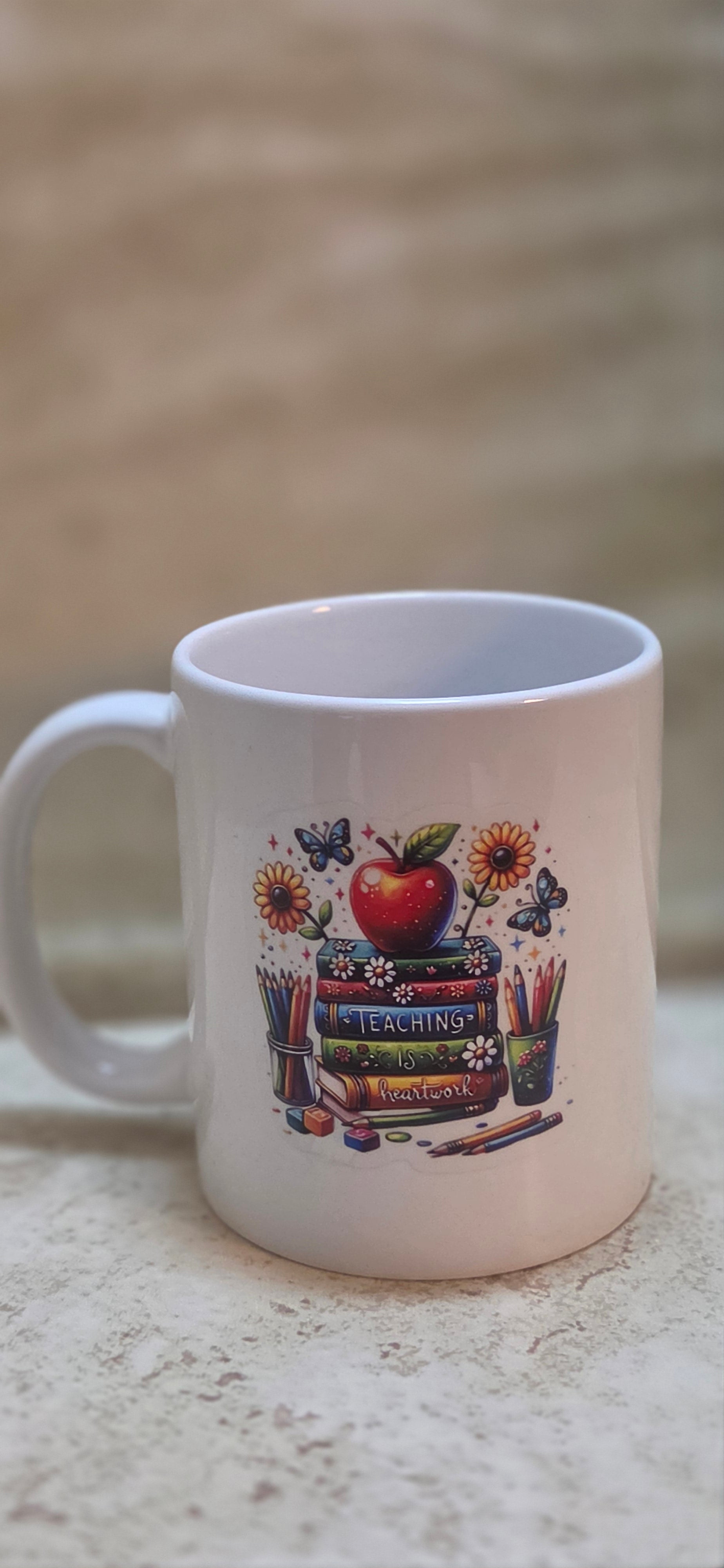 11 oz white coffee mug with a teacher design