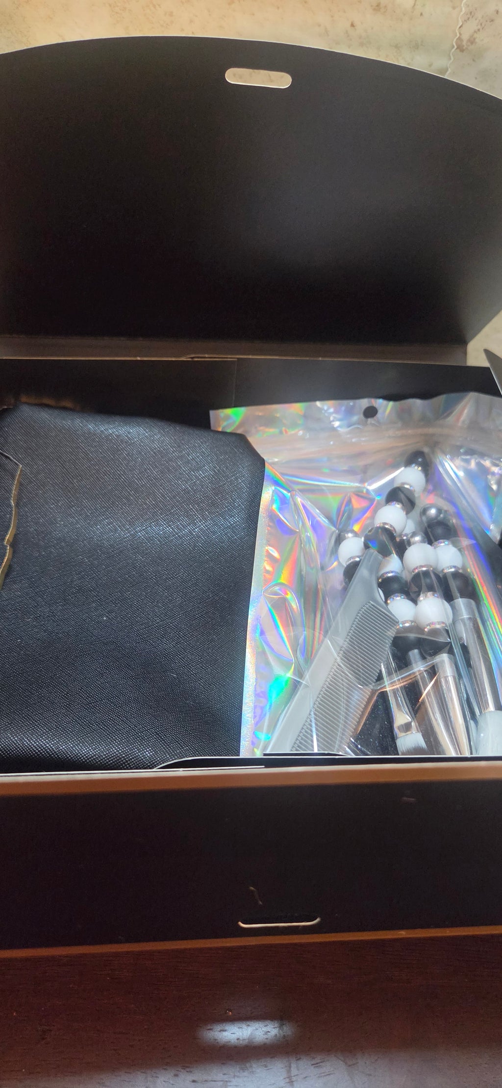 Black silver and white beaded makeup brush set