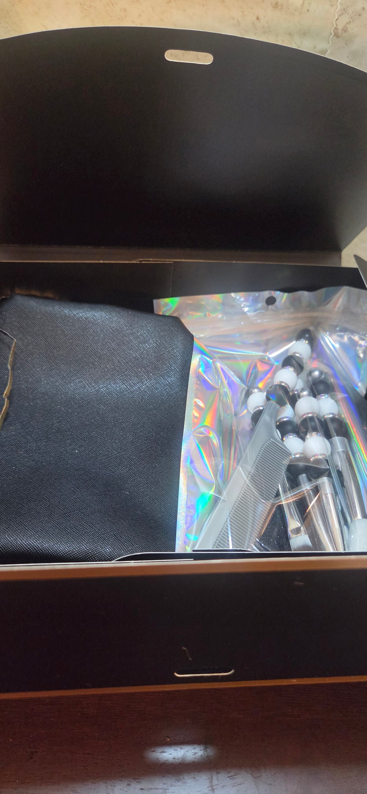 Black silver and white beaded makeup brush set