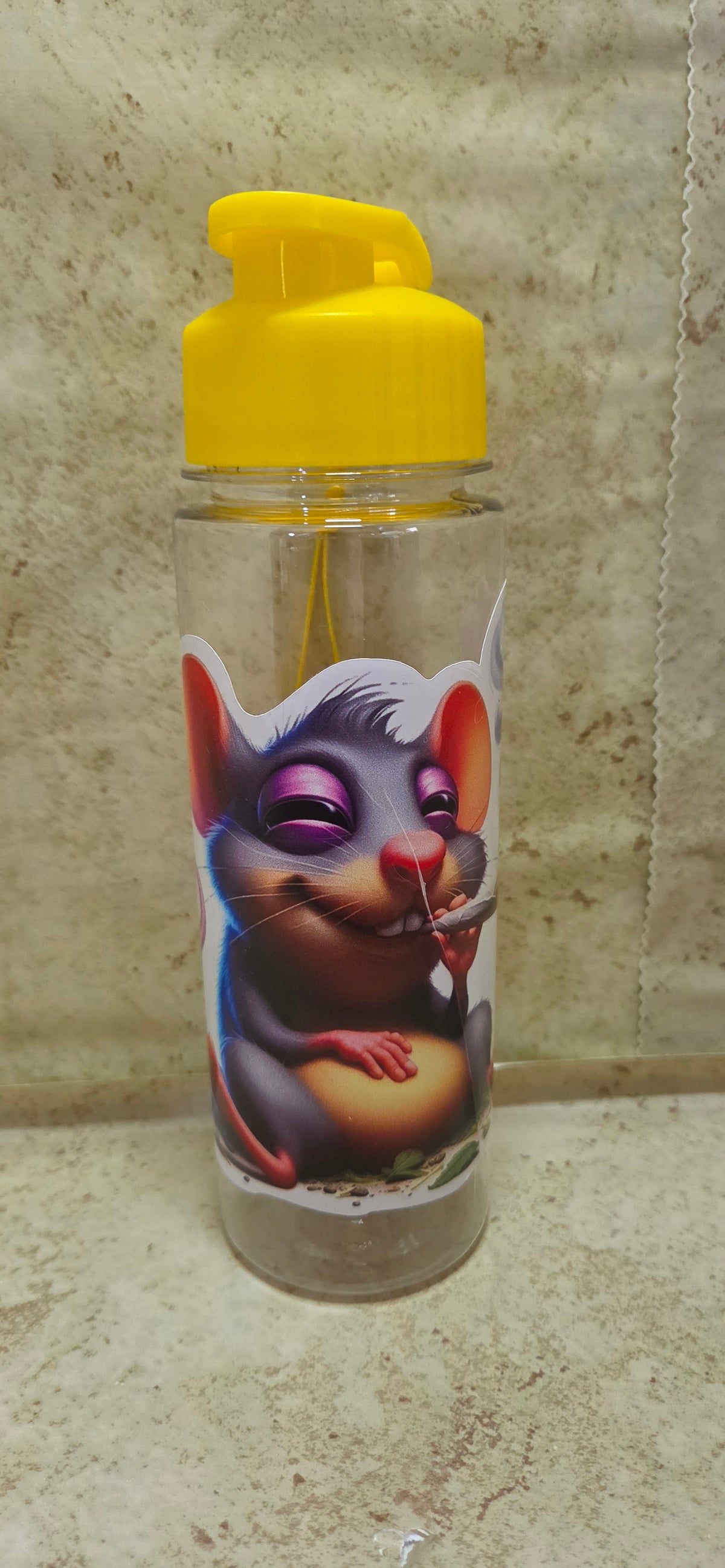 Yellow 17oz water bottle with a rat smoking a joint