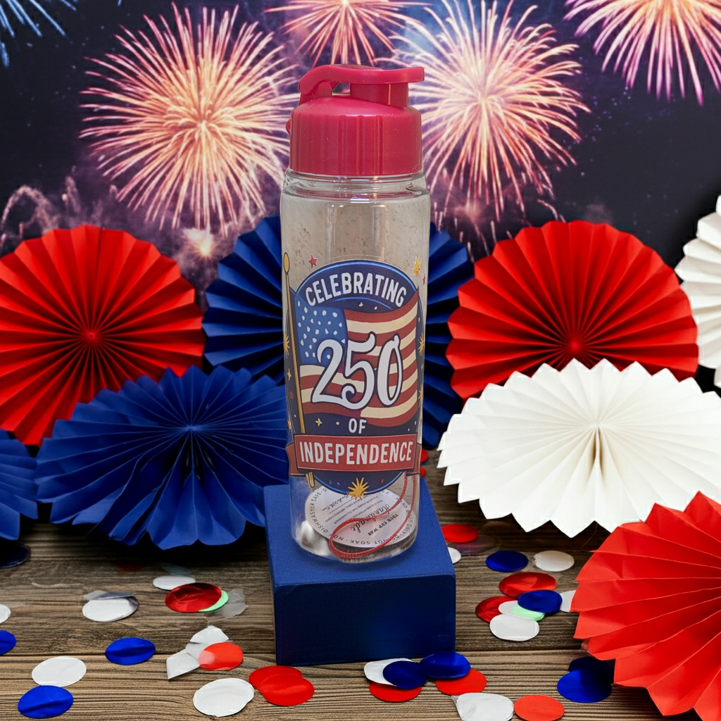 17 ounce clear water bottle with red flip top lid and strap with Celebrating 250 of independence