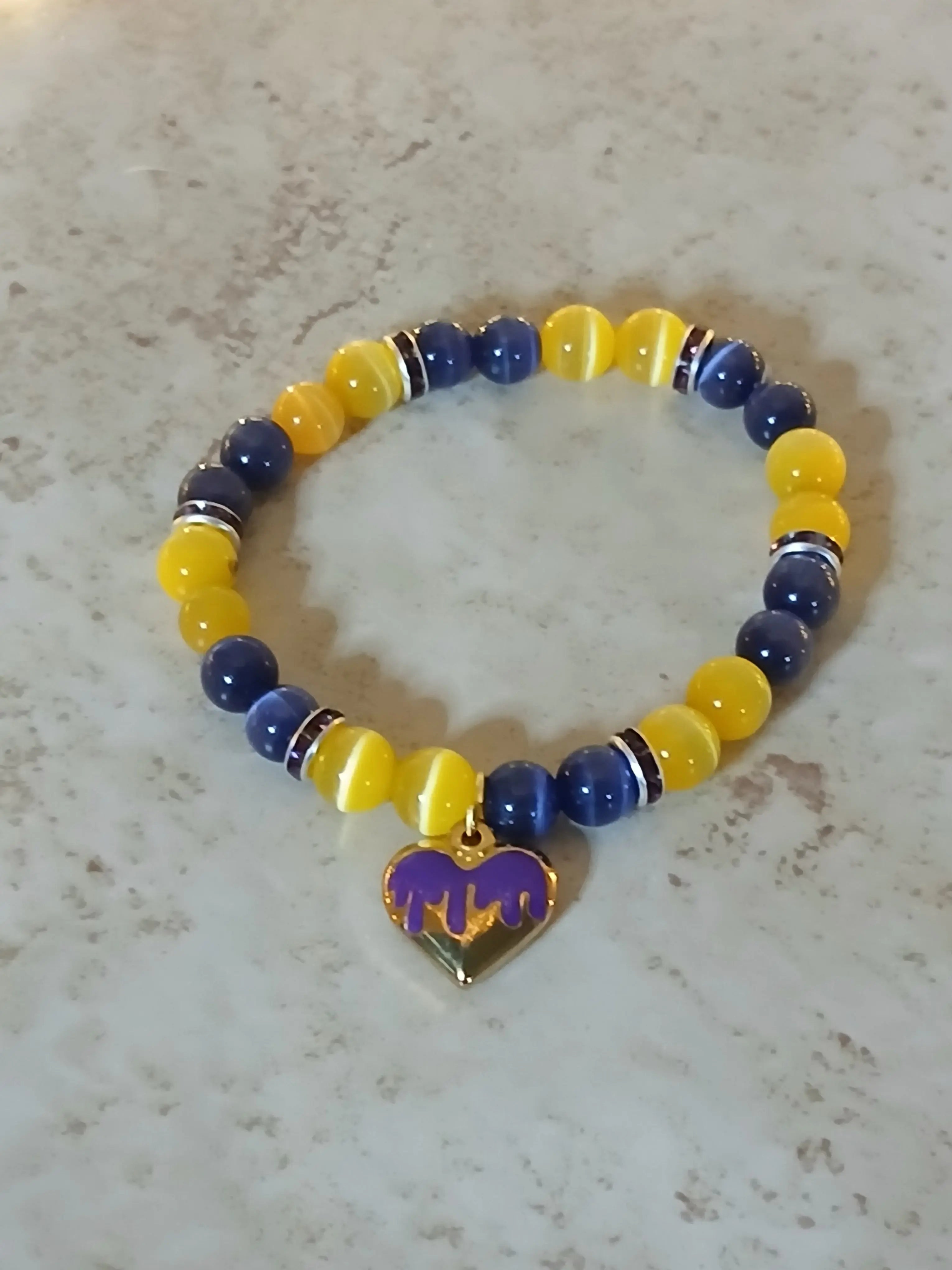 Purple and gold heart beaded stretchy bracelet - Crazy Cat Lady Crafts
