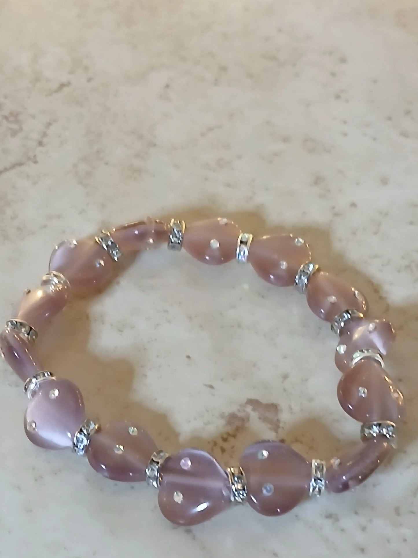 Lavender heart shaped beads with rhinestones stretchy bracelet - Crazy Cat Lady Crafts