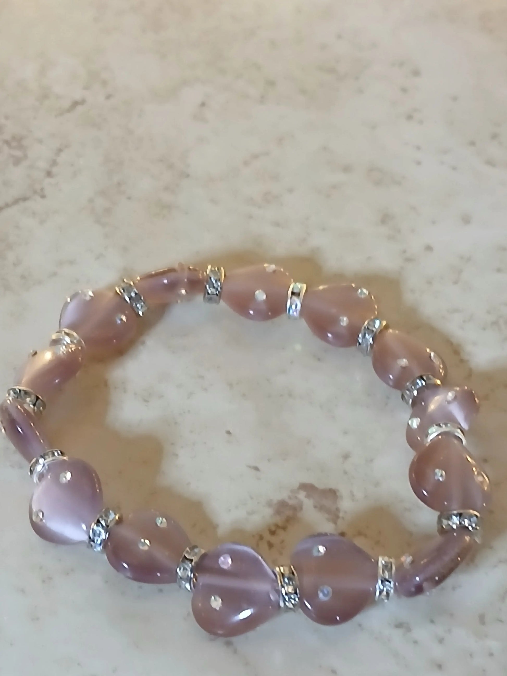 Lavender heart shaped beads with rhinestones stretchy bracelet - Crazy Cat Lady Crafts