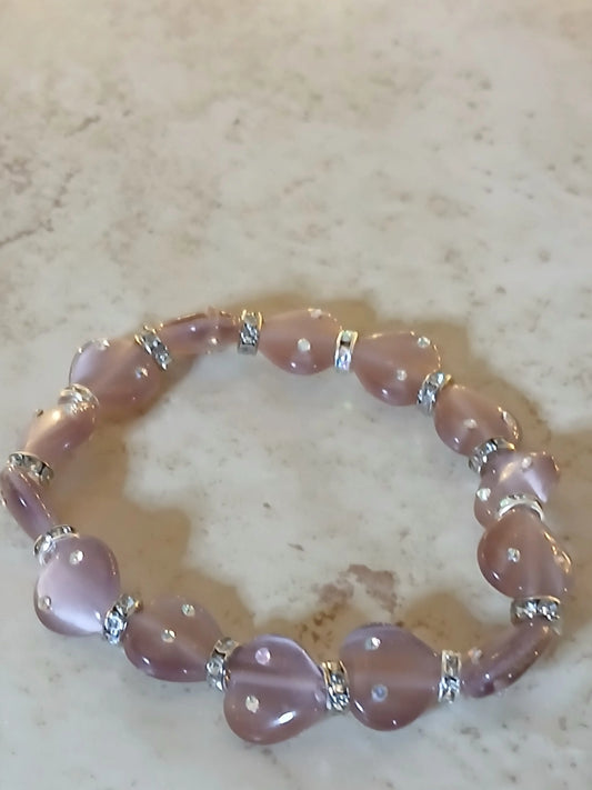Lavender heart shaped beads with rhinestones stretchy bracelet - Crazy Cat Lady Crafts