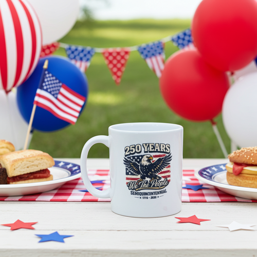 11 ounce white coffee mug with 250 year Semiquincentennial with eagle and We the people design